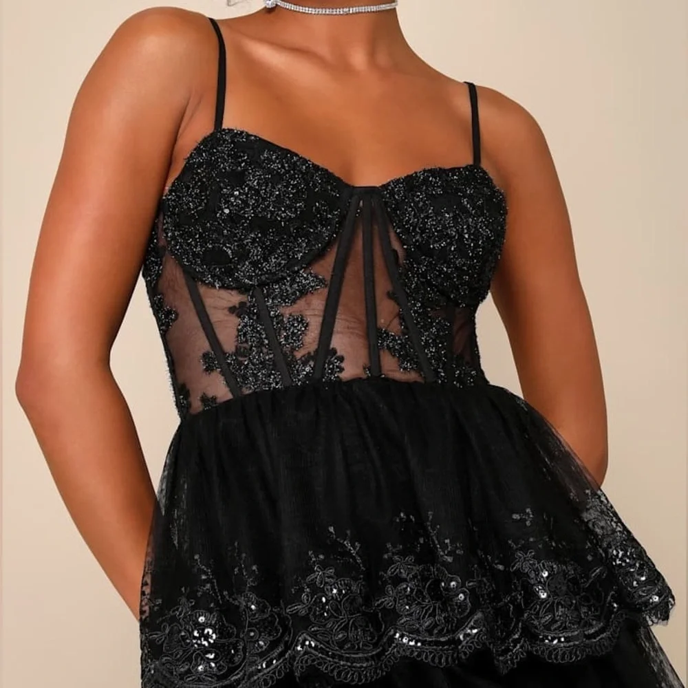 Lulus Alluring Sensation Black Tulle Embroidered Tiered Maxi Dress, Size XS, NWT - Picture 3 of 15